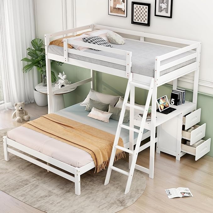 Twin Over Full Bunk Bed with Built-in Desk and Three Drawers, Pine Wood - Image 3