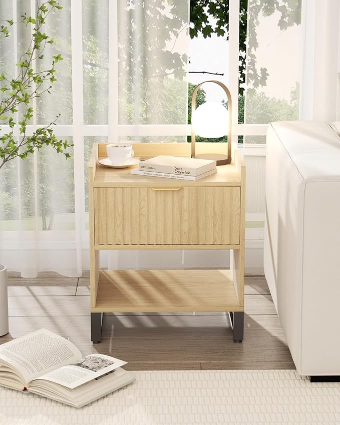 Fluted Night Stand with Charging Station, Wood Nightstand with Large Drawer and - Image 4