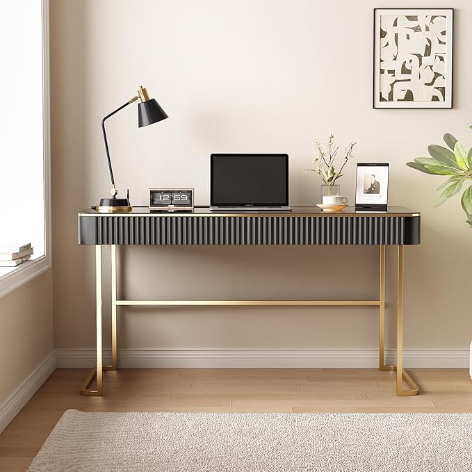 Lartis Modern Office Desk with Drawers, Glass Top Makeup Vanity Without Mirror - Image 5