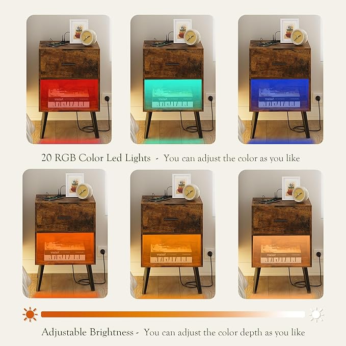 Nightstand with Charging Station and LED Lights, Small Side Table, Bedside - Image 3