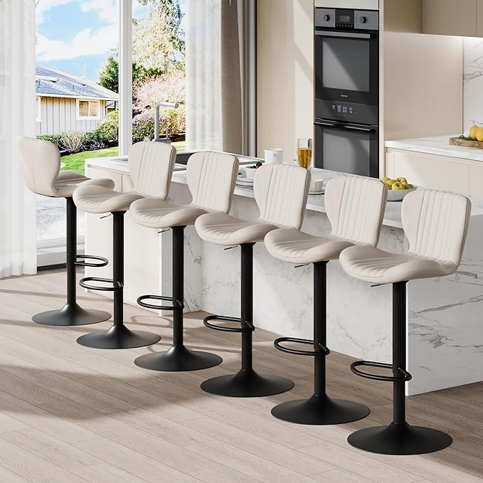 Shintenchi Bar Stools Set of 6 Modern Swivel Bar Chairs, Counter Height Faux - Image 3