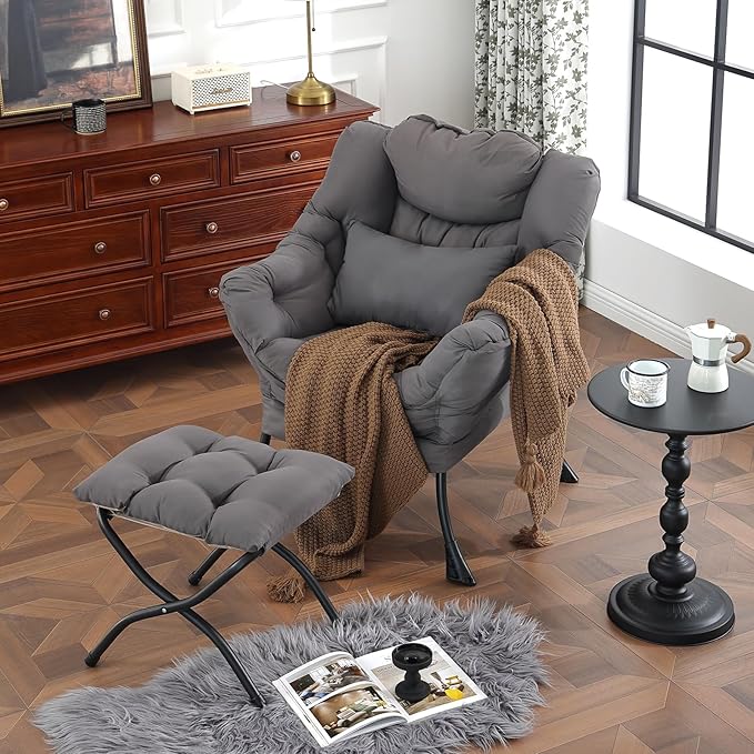 Lazy Chair with Ottoman, Modern Accent Chair with Lumbar Pillow, Comfy Chairs - Image 6