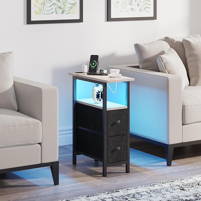 End Table Set 2 with Charging Station, Narrow Side Table with 2 Fabric Drawers - Image 8