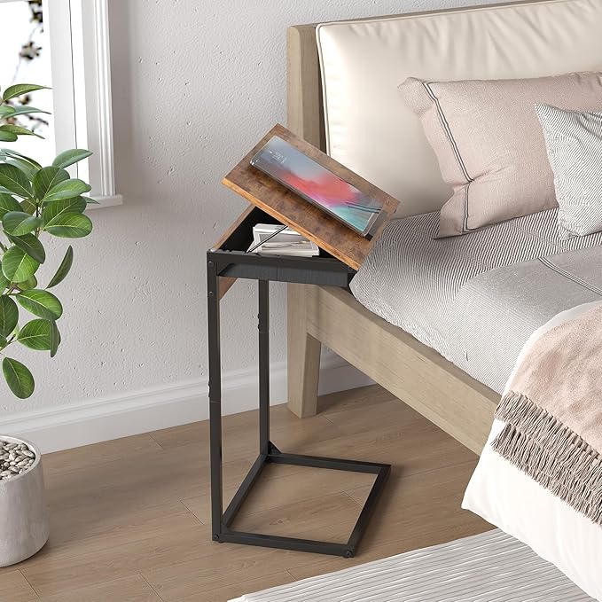 C Shaped End Table with Charging Station, 45° Tiltable Adjustable Flip Top Side - Image 7