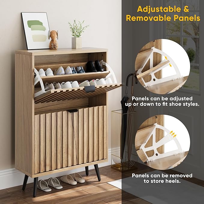 Smuxee Shoe Cabinet with 2 Flip Drawers, 23.6" Natural Hidden Shoe Storage - Image 4