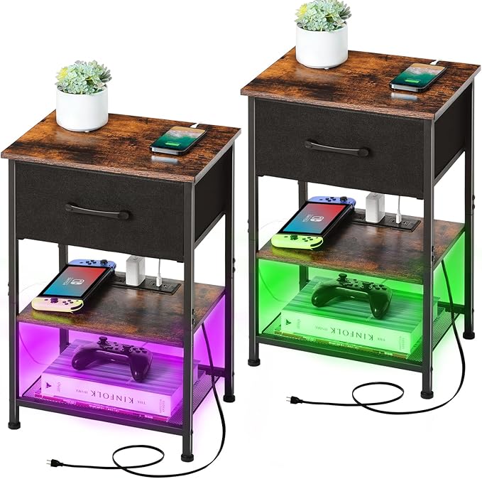 Nightstands Set of 2 with Charging Station and Drawer, End Table Side Table by LAKEMID
