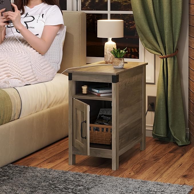 WLIVE Farmhouse End Table with Charging Station, Narrow Side Table - Image 7