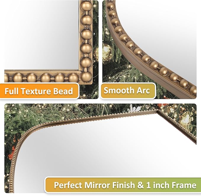36"X28" Arched Wall Mirror for Fireplace Mantel, Vintage Gold Metal Beaded - Image 5