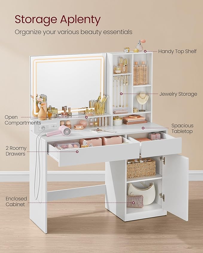 VASAGLE Vanity Desk with Mirror and Lights, Power Outlets, Vanity Table Set - Image 4