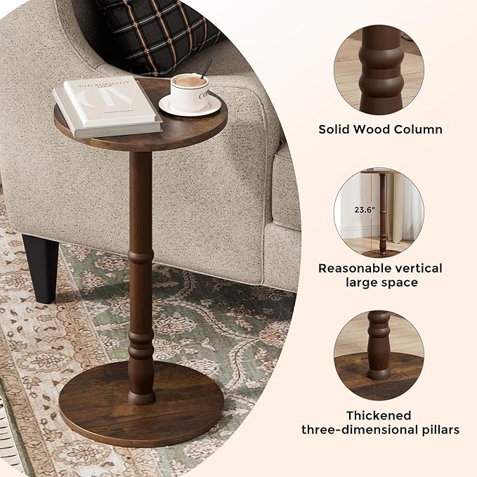 Round Side Tables Set of 2, Solid Wood Pillar - Image 6