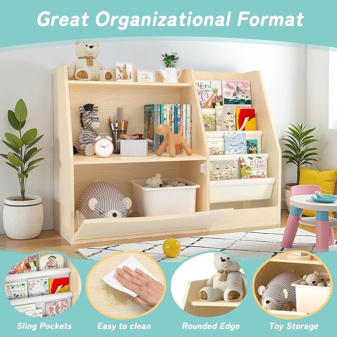 TOETOL 2 Tier Kids Bookshelf and Book Storage，4 Sling Toddler Bookshelf - Image 6
