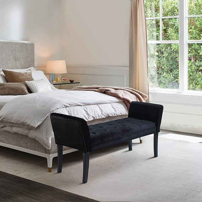 Armen Living Chatham Bench in Black Velvet and Black Wood Finish - Image 2