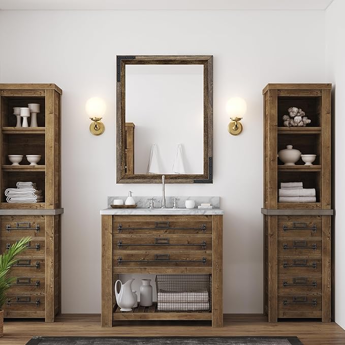 YOSHOOT Farmhouse Bathroom Mirror, Rustic Wooden Framed Mirror, Wood Vanity - Image 4