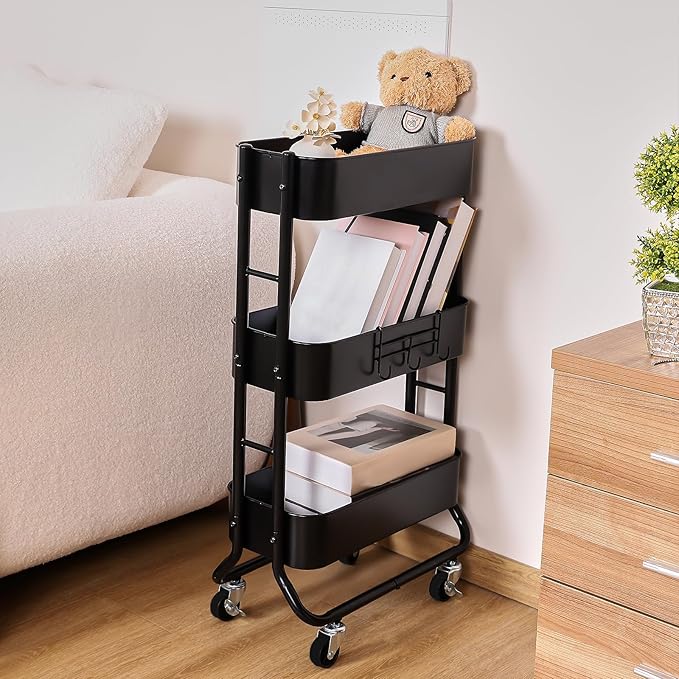 MAX Houser Slim 3-Tier Rolling Utility Cart, Narrow Metal Bathroom Storage - Image 3