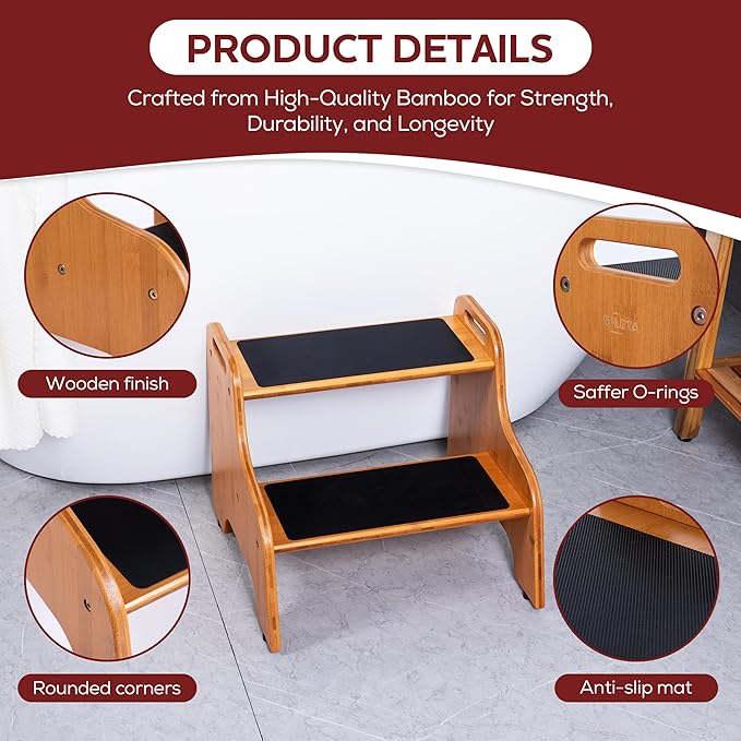 2-Step Wooden Step Stool for Adults & Kids – Non-Slip Bed, and Closet Use – - Image 3