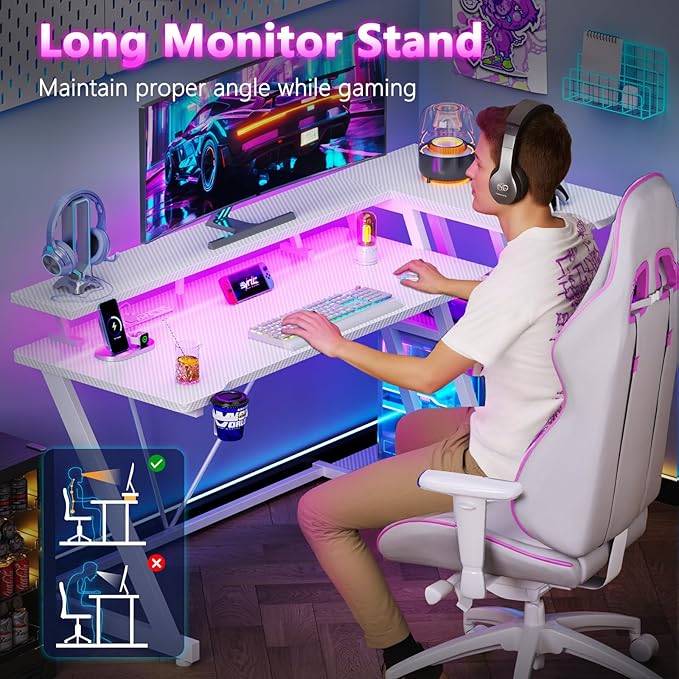 55 Inch White Gaming Desk with Power Outlet & LED Lights, L Shaped Computer - Image 8