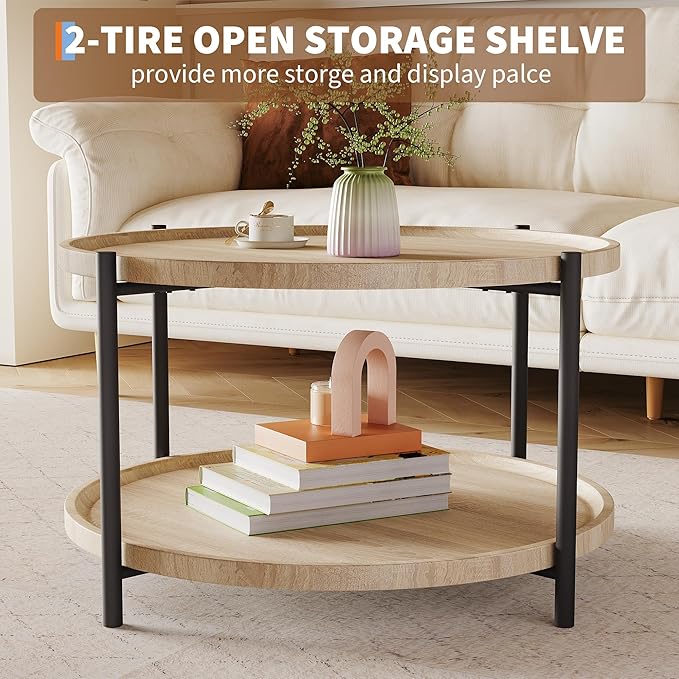Round Coffee Table for Living Room, Rustic Wood Desktop Center Table - Image 6