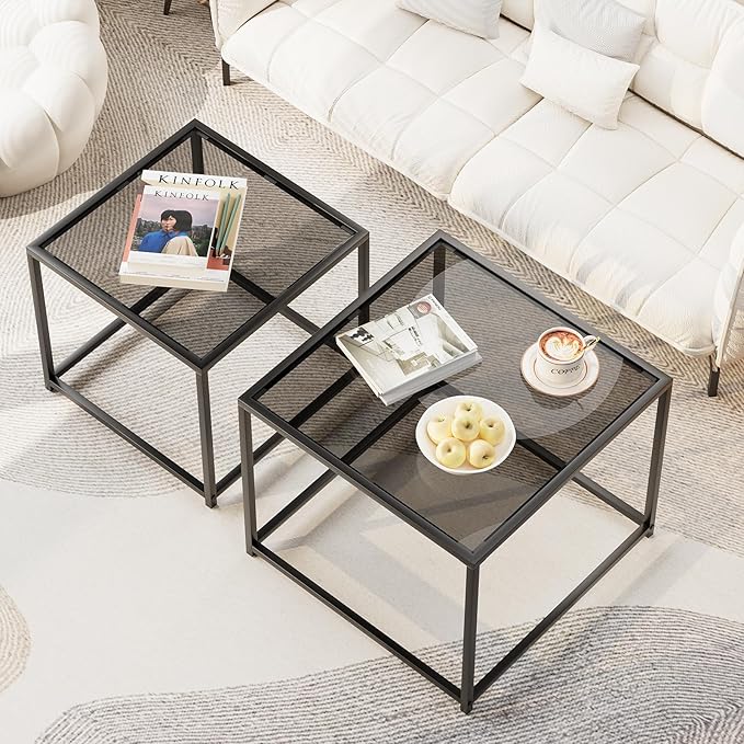 Garden 4 you Coffee Table Set of 2, Modern Glass Nesting Table, Metal Frame - Image 3