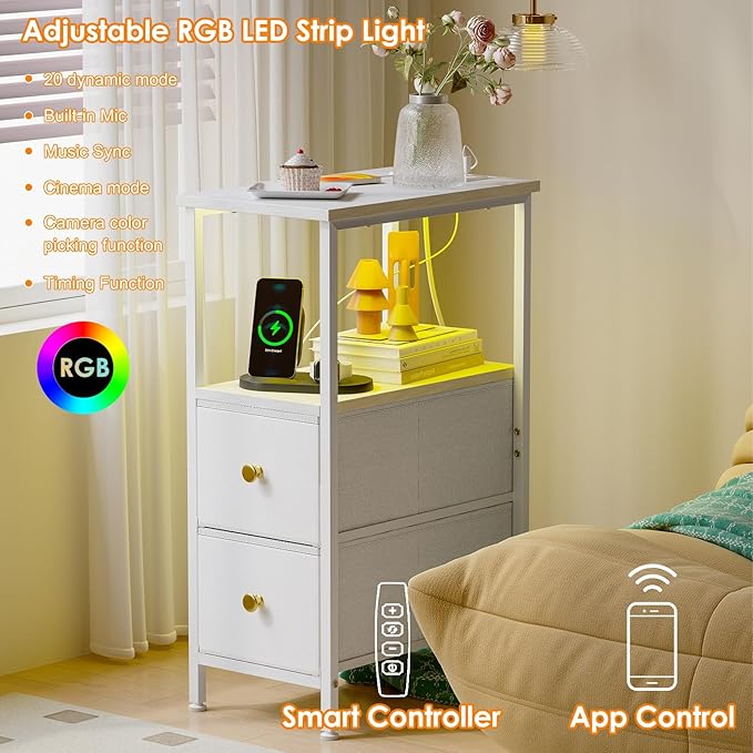 Fixwal Narrow Side Table with Charging Station and LED Light, Skinny Nightstand - Image 4