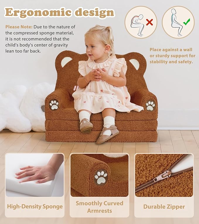 Kids Couch, 2-in-1 Soft Toddler Couch Fold Out - Image 6