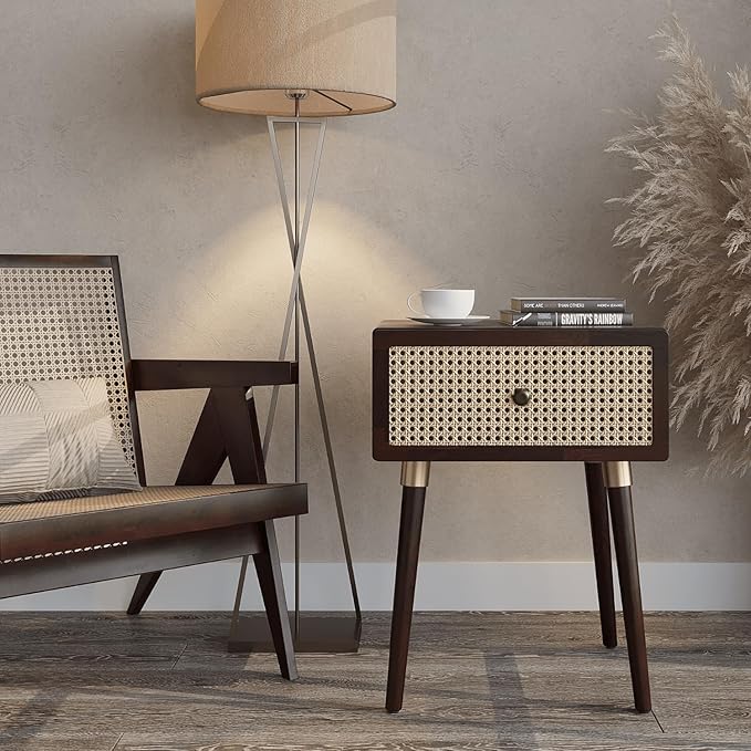 Bme Nipe Solid Wood and Rattan Nightstand, Fully Assembled, Woven Cane End Table - Image 8