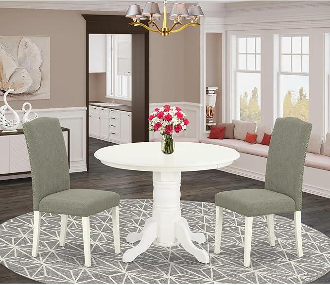 East West Furniture SHEN3-LWH-06 3 Piece Dining Set Contains a Round Kitchen - Image 2