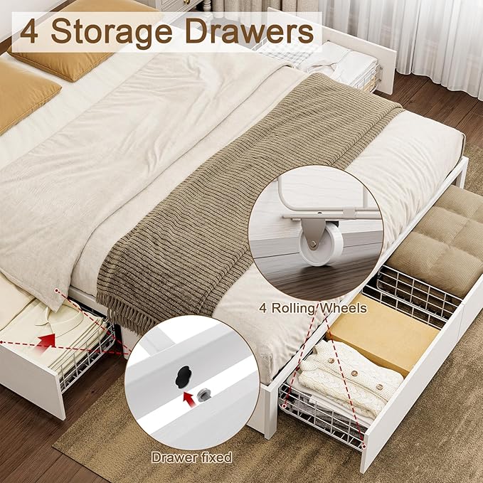 Full Bed Frame with 4 Storage Drawers Bed Frame Full Size with Headboard LED - Image 6