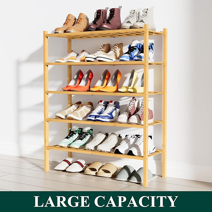 Smiry Shoe Rack, 5 Tier Bamboo Shoe Organizer, Stackable Free Standing Wooden - Image 5