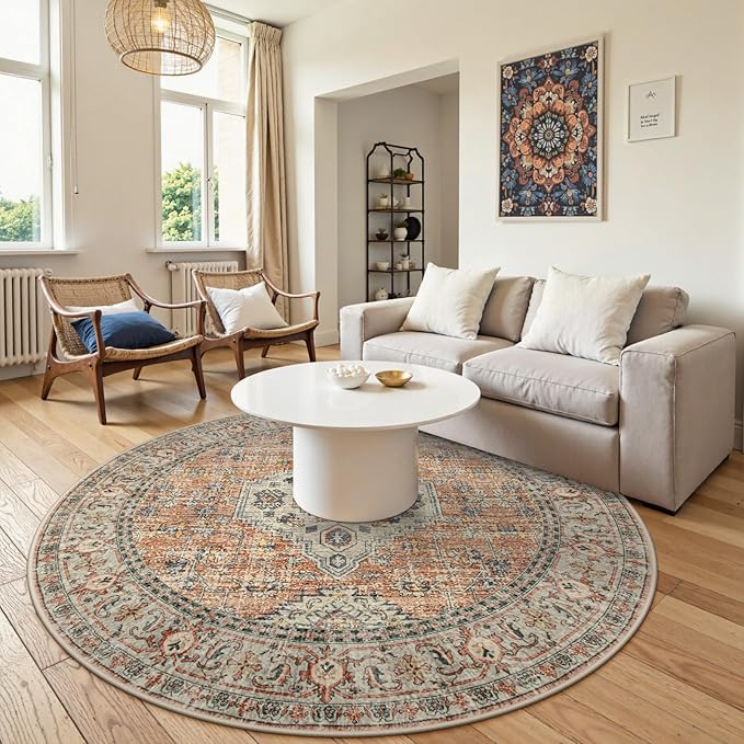 Lahome Oriental Washable Round Area Rug, Non-Slip Round Rugs 6ft Ultra-Thin - Image 2
