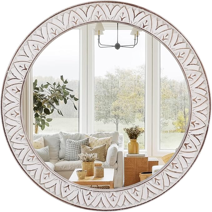 24" Round Mirror Farmhouse Wooden Frame Circle Mirrors, Rustic Decorative by FuxuiwyRoundWallMirror