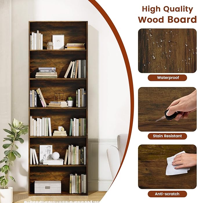 71" Tall Bookcase, 6-Tier Open Display Storage Shelves, Floor Standing Large - Image 4