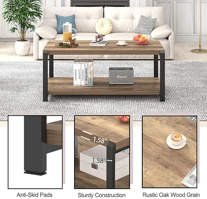 EXCEFUR Modern Coffee Table, Rustic Wood and Metal Center Table - Image 6