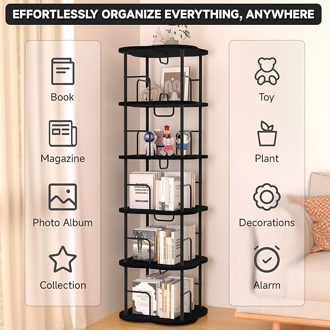 5-Tier Rotating Book Shelf, 360° Display Spinning Bookshelf Tower, Book - Image 6