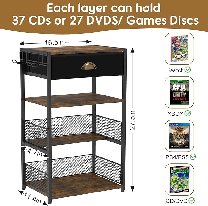 4-Tier AV Media Stand with Drawer, Video Game Console Shelf with 2 Hooks - Image 2