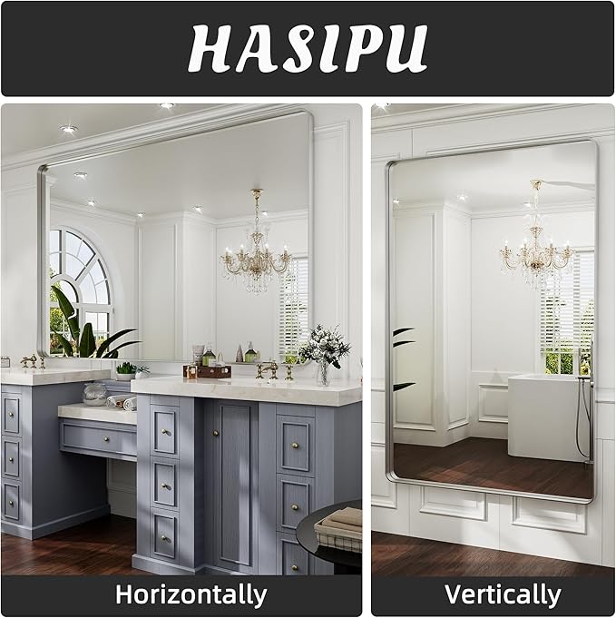 Hasipu Brushed Silver Bathroom Mirror 59x39 Inch Rounded Rectangle Vanity - Image 6