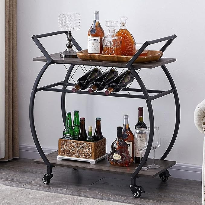 LVB Bar Cart with Wine Rack, 2 Tier Kitchen Cart on Wheels, Industrial Wood and - Image 5