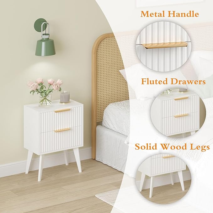 Fluted Nightstand with 2 Drawers, Modern Bedside Table with Metal Handles - Image 6