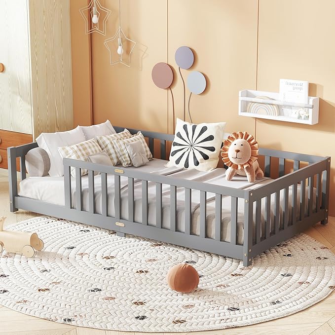 Bellemave Twin Floor Bed with Slats and Safety Guardrails, Kids Montessori by Bellemave