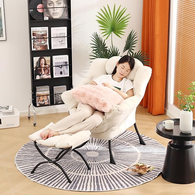 Lazy Chair with Ottoman, Modern Lounge Accent Chair with Armrests and a Throw - Image 2