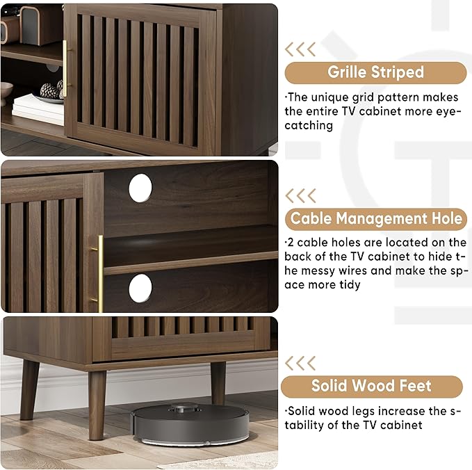 Smuxee Walnut TV Stand with Grille Striped Design, 62.99" Mid Century Modern TV - Image 4