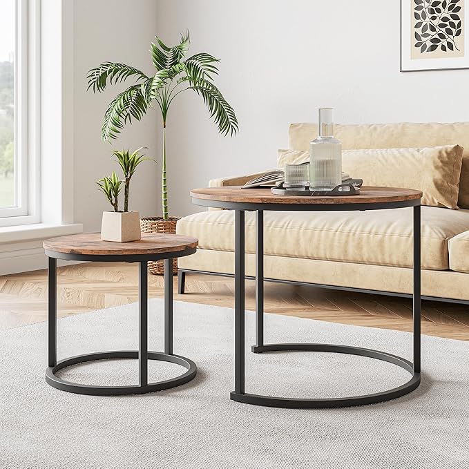 Round Coffee Table Set of 2 for Living Room, Nesting Tables Metal Frame/Wood - Image 4