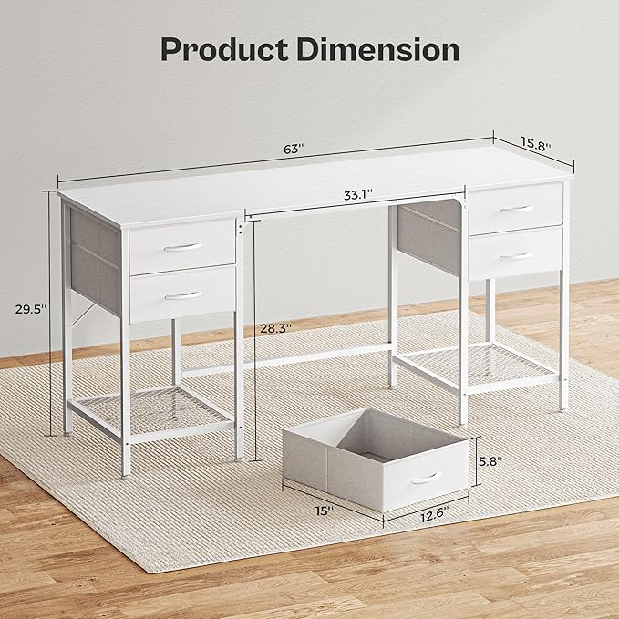 Huuger 63 Inch White Desk with 4 Drawers, Vanity Desk with Mesh Shelf, Large - Image 3