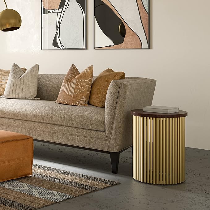 SIMPLIHOME Demy 18-inch Wide Metal and Solid Mango Accent Table in Cognac/Gold - Image 2