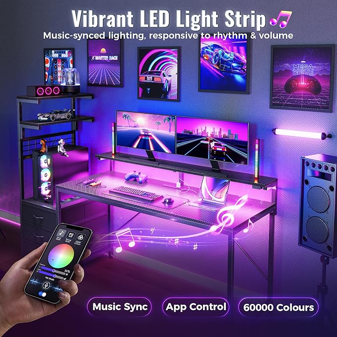 PRAISUN 61.7" Gaming Desk with LED Lights & Outlets, Computer Desk with 3 - Image 6