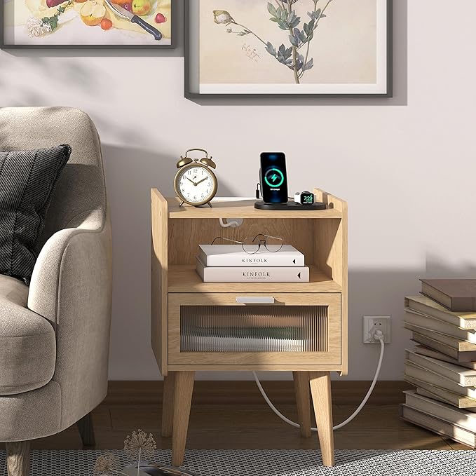 Nightstand with Charging Station, Bedside Tables with Glass Decorative Door - Image 5