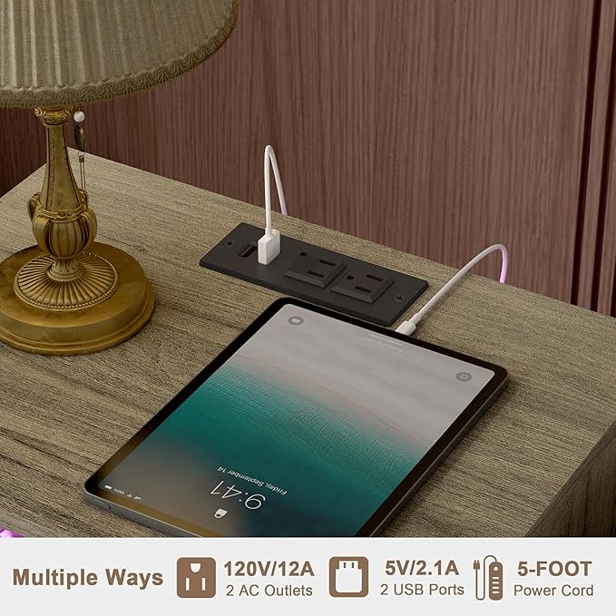 Modern Nightstand with Charging Station and LED Lights, Fluted Side Table - Image 4