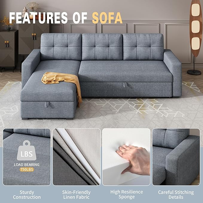 Ball & Cast L-Shape Reversible Sectional Sleeper Sofa Bed, Linen Upholstered 4 - Image 3