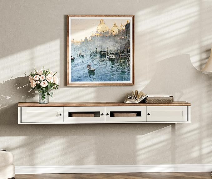 WAMPAT Floating TV Stand for TVs up to 80 Inches, Wooden Wall-Mounted TV Shelf - Image 2