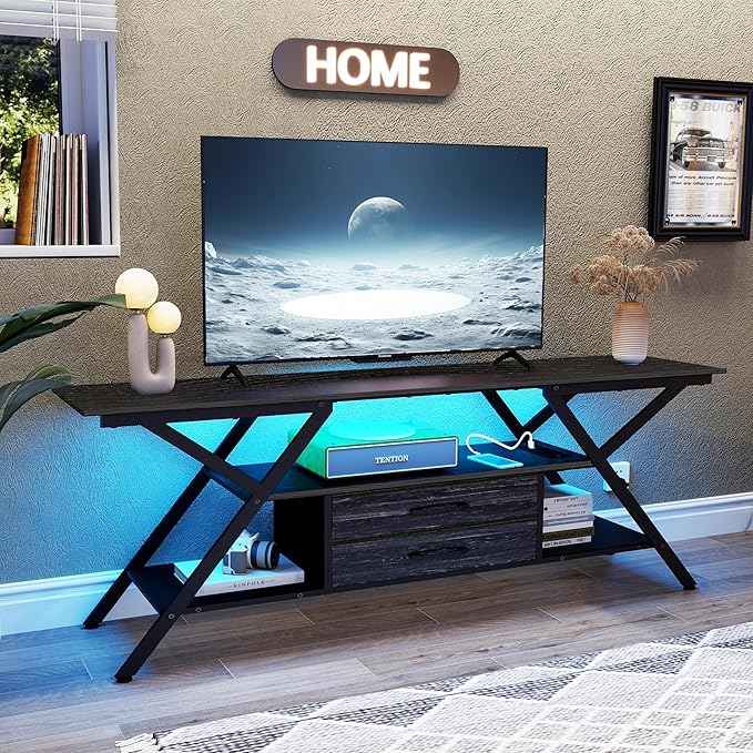 TV Stand with Power Outlet and LED Lights, Fits TVs up to 65”, 2 Fabric Drawers by Simoretus