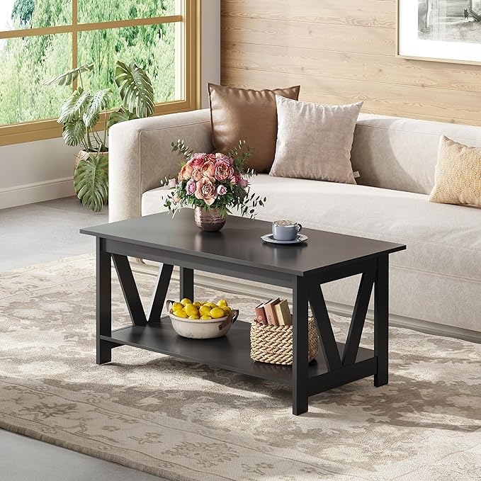 WLIVE Coffee Table with Storage Shelf, 39.4" Farmhouse Coffee Table with - Image 2